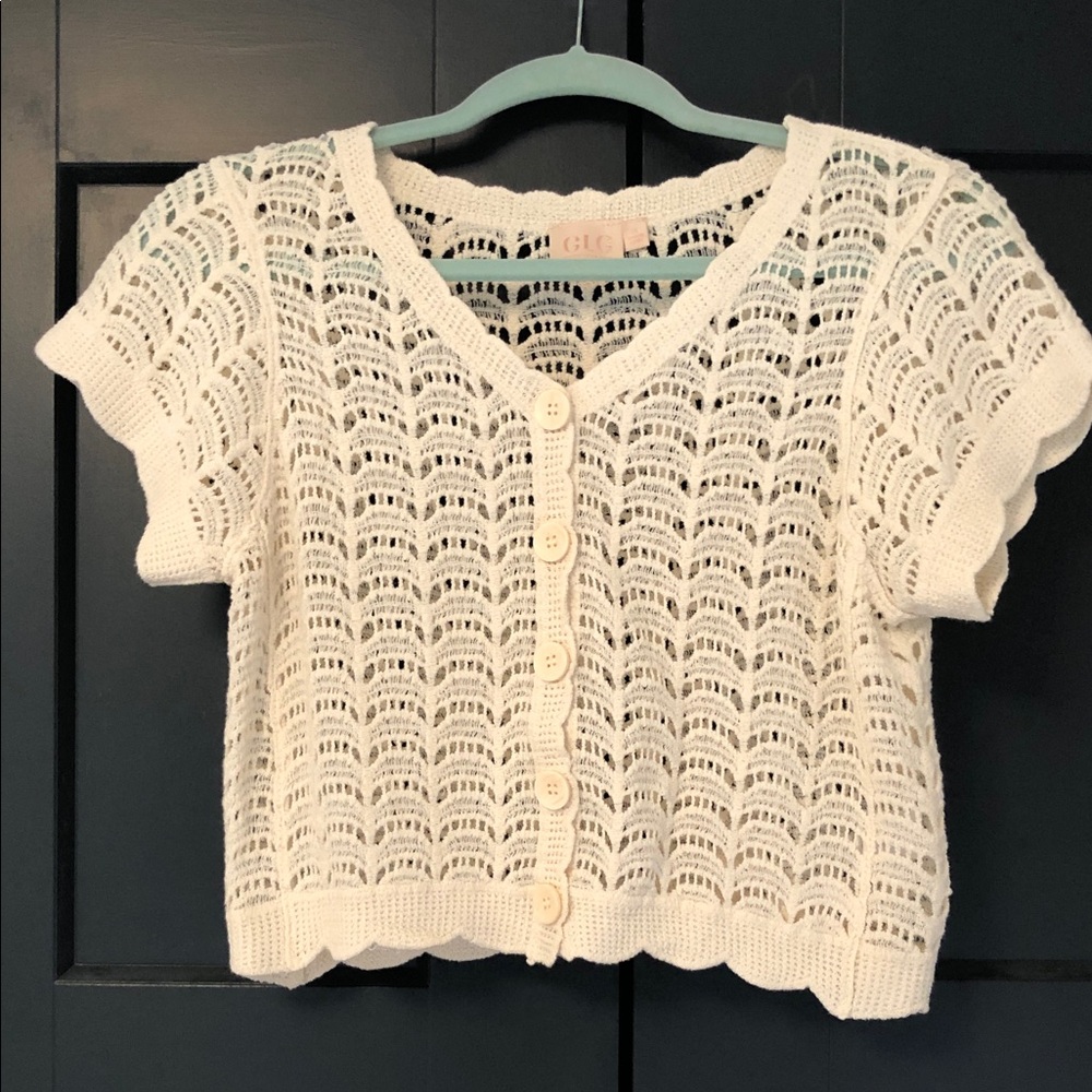 Good Luck Gem  Cotton Crochet Cropped Cardigan Sweater Size S